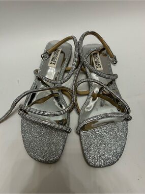 Badgley Mischka Silver Glitter Strappy Flat Sandals